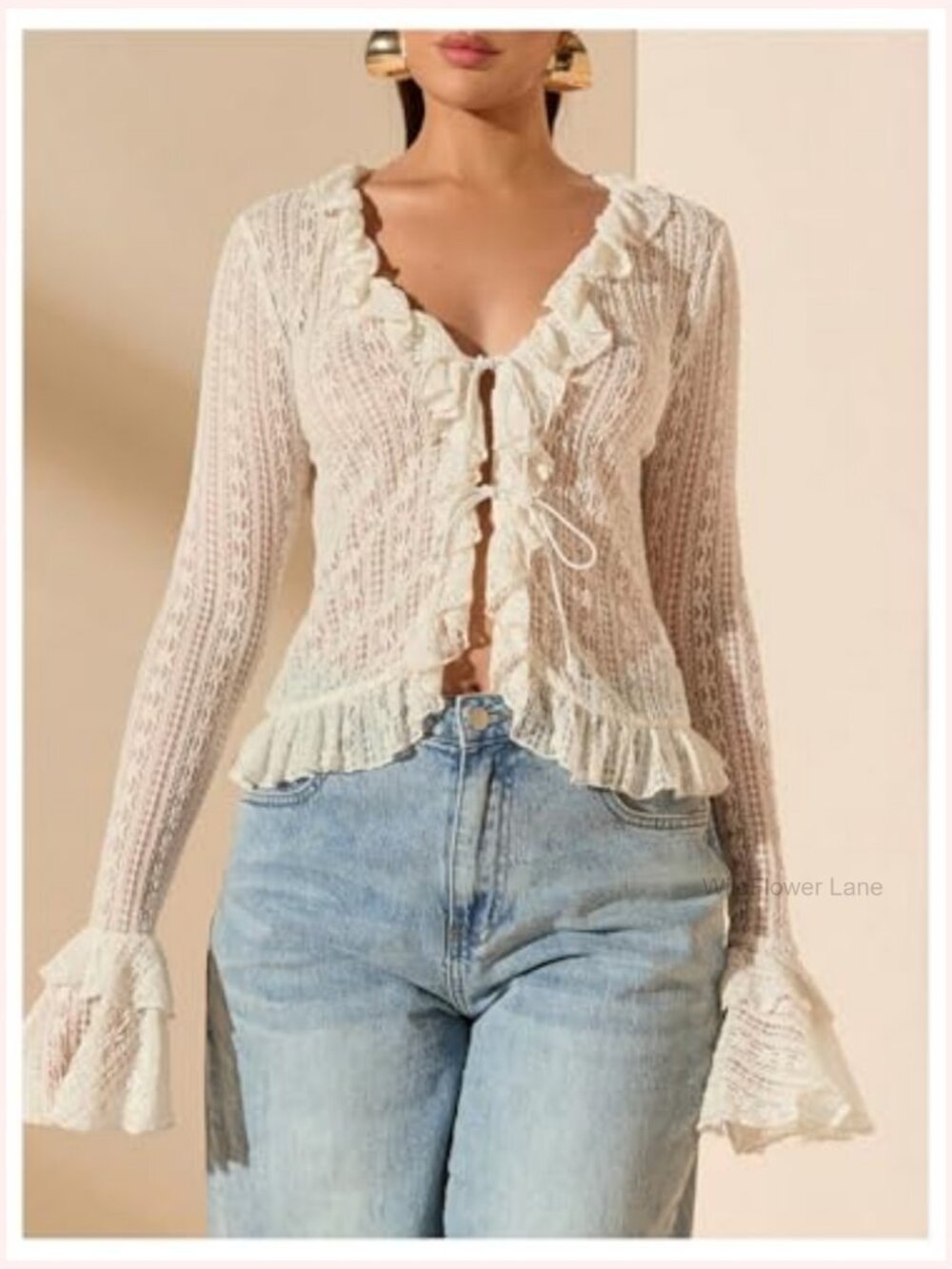 Lace Tie Front Ruffle Top Deep V Neck Sheer Bell Sleeve Going Out T-Shirt - Picture 4 of 5